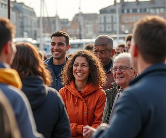 Diverse community members gathering near Dublin's historic Merchants Quay waterfront